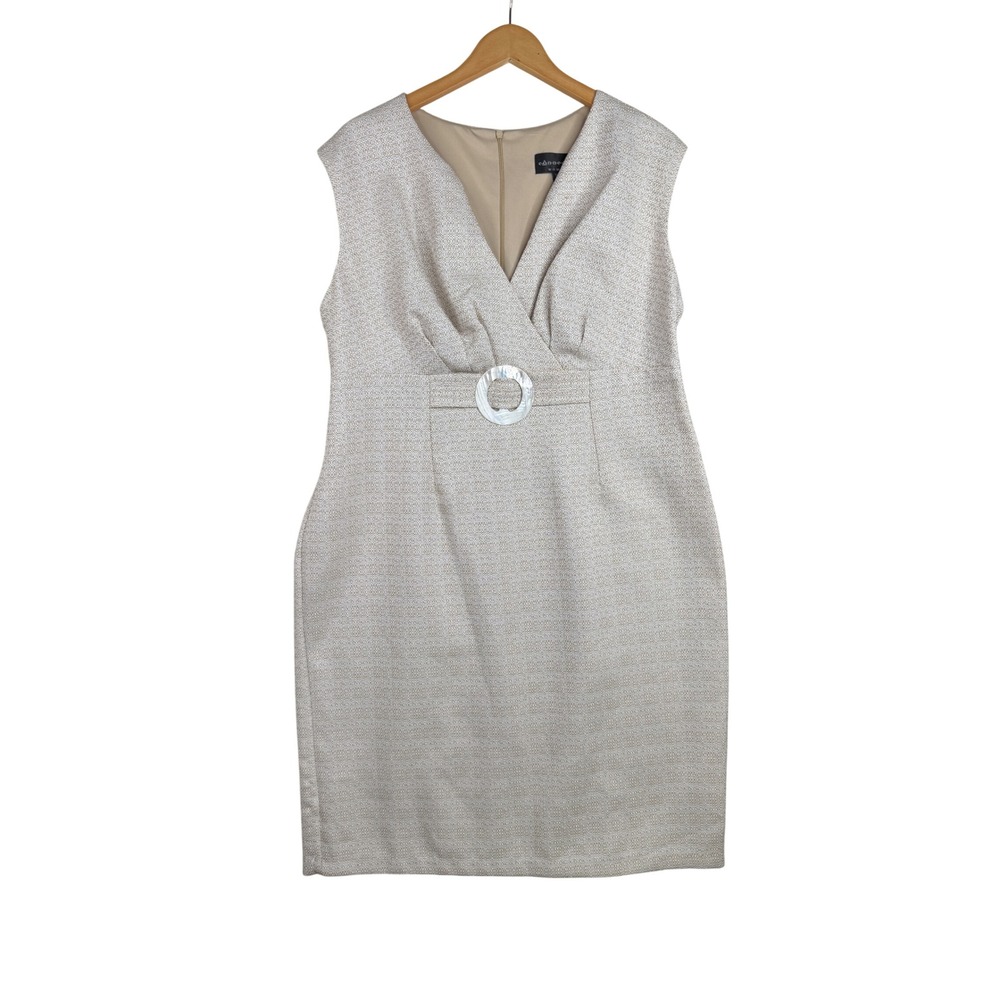 Connected Woman Dress Ivory Textured Belted Sheath Dress - Size 14W
